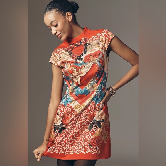 Maeve Dresses & Skirts - Anthropologie Maeve A line Mock Neck New Elegant Red and Blue Angel Print Dress